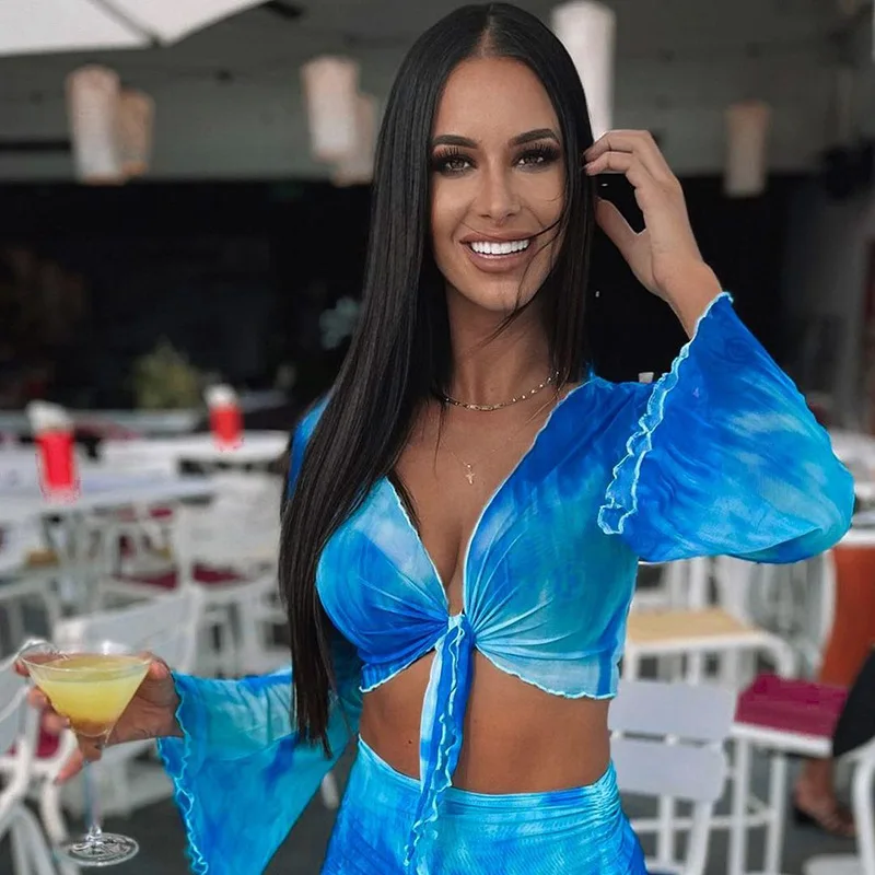 KX-R21 Top quality going out tulle tie up a line dresses for women string short tie dye dress