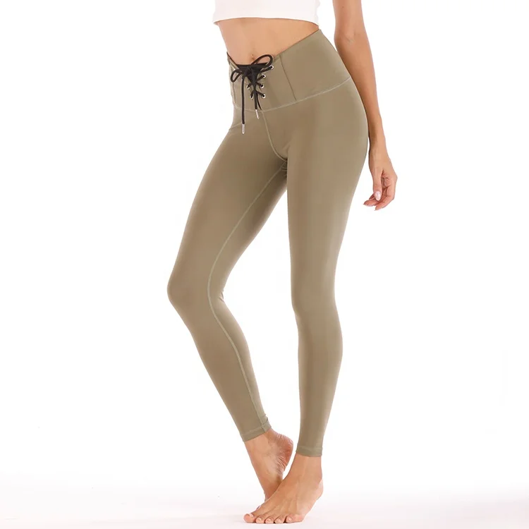 Women Lycra Lightweight Sports Lace-up Stitching Tight Yoga Pants High Waisted Workout Leggings