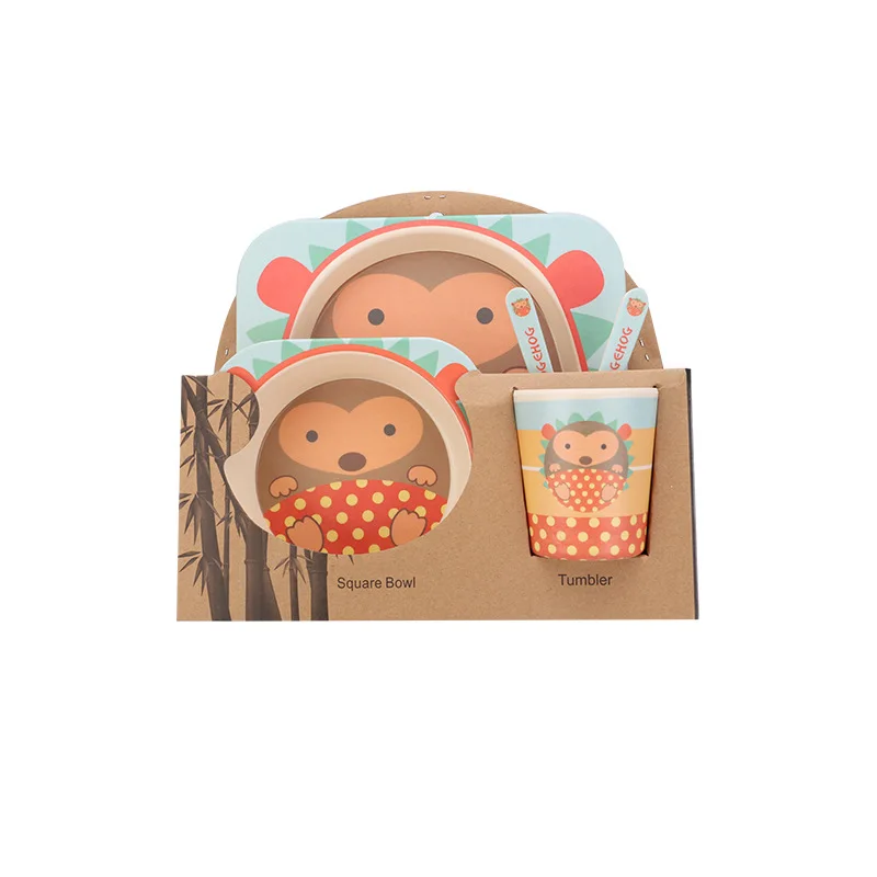 Dishwasher Safe Cute Cartoon Toddler Divided Plate Bowl Cup Fork Spoon Kit Bamboo Fiber Kids Dinner Set