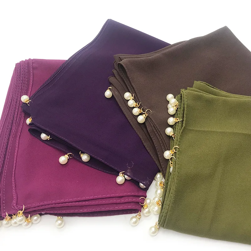 Лидер продаж, однотонный шифоновый женский хлопковый головной платок с жемчугом, хиджаб для женщин, мусульманский