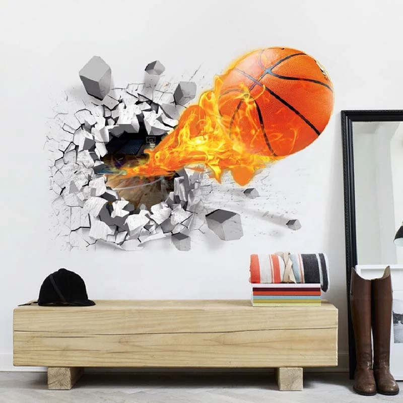 BSCI Certificate Basketball Kids Room Decoration  3D Home Wall Vinyl Sticker 3d Broken Wall Basketball PVC Wall Stickers