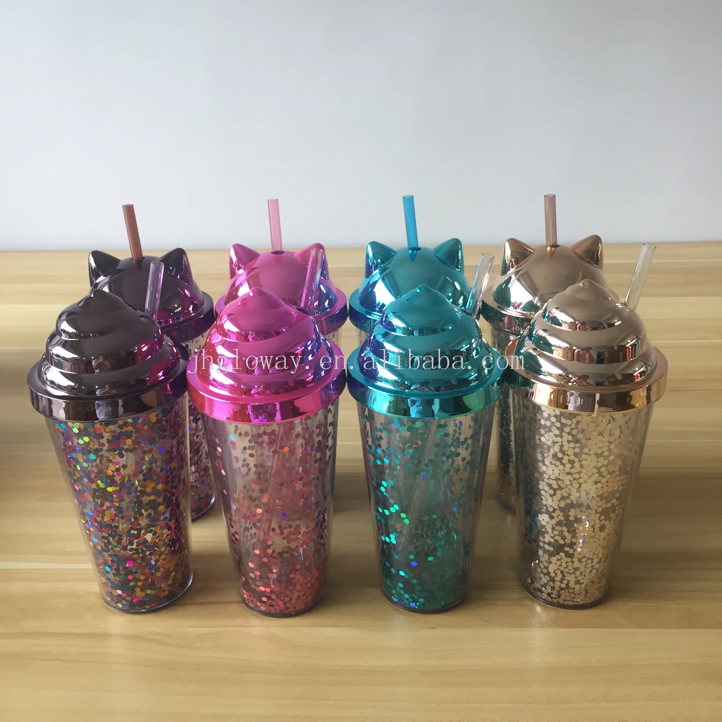 16oz  Acrylic ice cream tumblers colors double wall  with plastic straw in stock