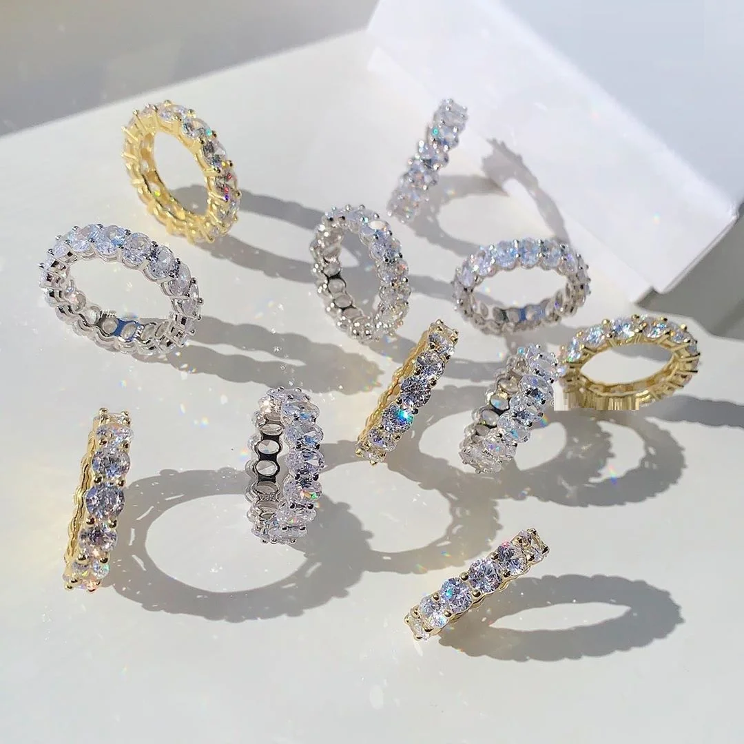 Роскошные 925 стерлингового серебра ювелирные изделия 18K позолоченные Diamond льдом вечности багета кольца CZ драгоценный камень теннис кольцо для женщины
