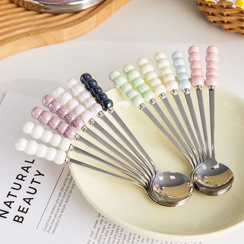 Luxury Stainless Steel 304 Silver Mirror Polish Flatware Coffee Long Dinner Dessert Spoon with Pearl Handle