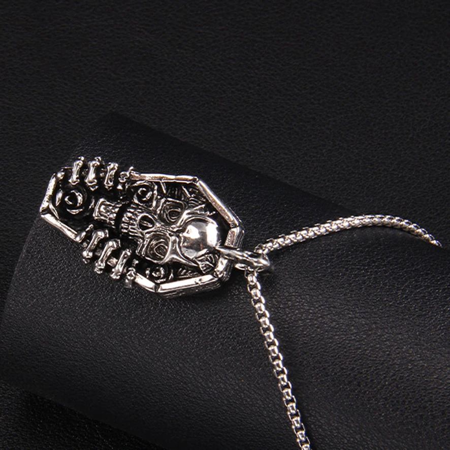 Heavy metal punk style coffin skeleton stainless steel necklace for men hip-hop skull face strong stainless steel chain