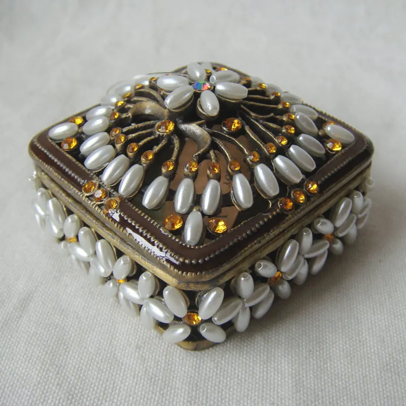 Square Bronze White Pearls Beaded Zinc Alloy Metal Jewelry Trinket Box(#P05409a2)