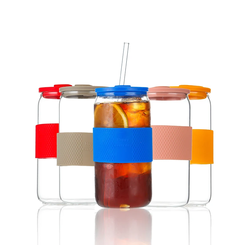 16oz 20oz clear blank sublimation beer can shaped glass cups iced coffee glass bottle with lid straw silicon rubber sleeve