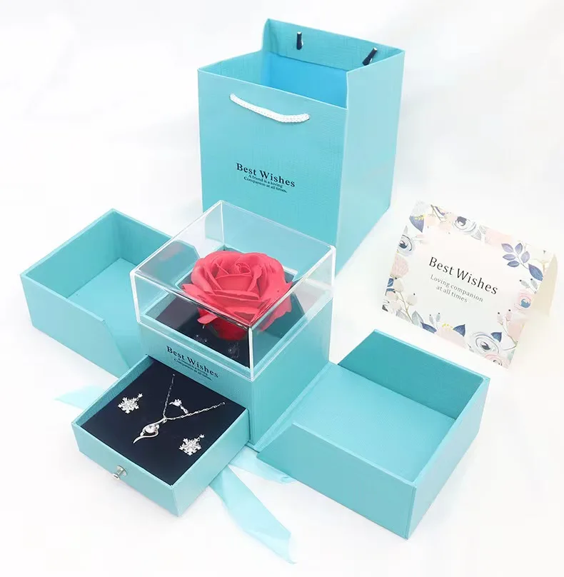 flower Valentine  Acrylic Eternal Roses Jewelry Gift Box stock Preserved Real Rose Flowers With Jewelry Box