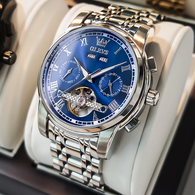 Olevs 6607 Fashion Sports Waterproof Automatic Moon Business Watch Reloj Mechanical Watches Luxury Tourbillon Mens Wrist Watches