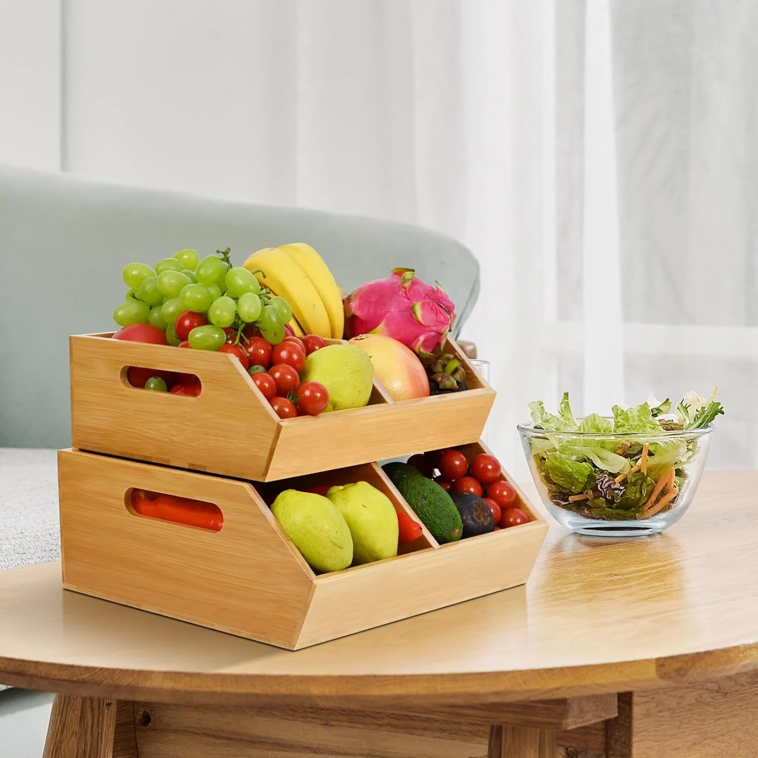 Set of 2 Vegetable Storage Shelf With Movable Divider Stackable Bamboo Fruit Basket