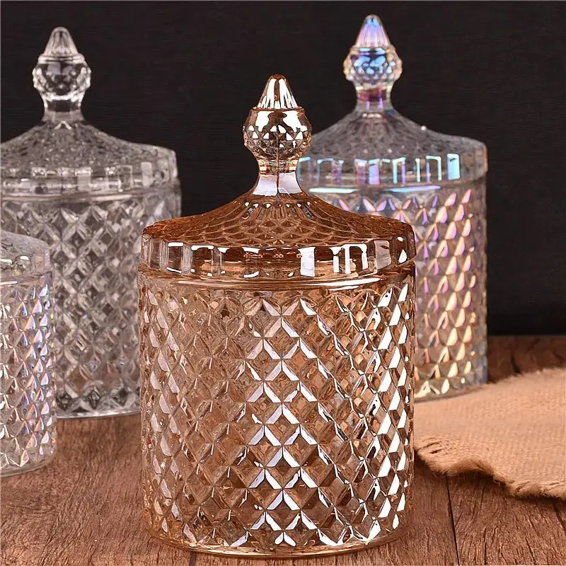 Bulk Sale Unique Luxury Empty Home DIY Crystal Vessel Multicolor Amber Color Glass Candle Jar With Lids