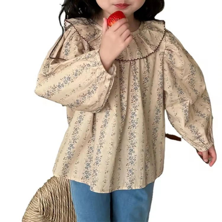 2024 Girls spring trend fashion new Korean version girls foreign style retro floral doll collar shirt long sleeve shirt