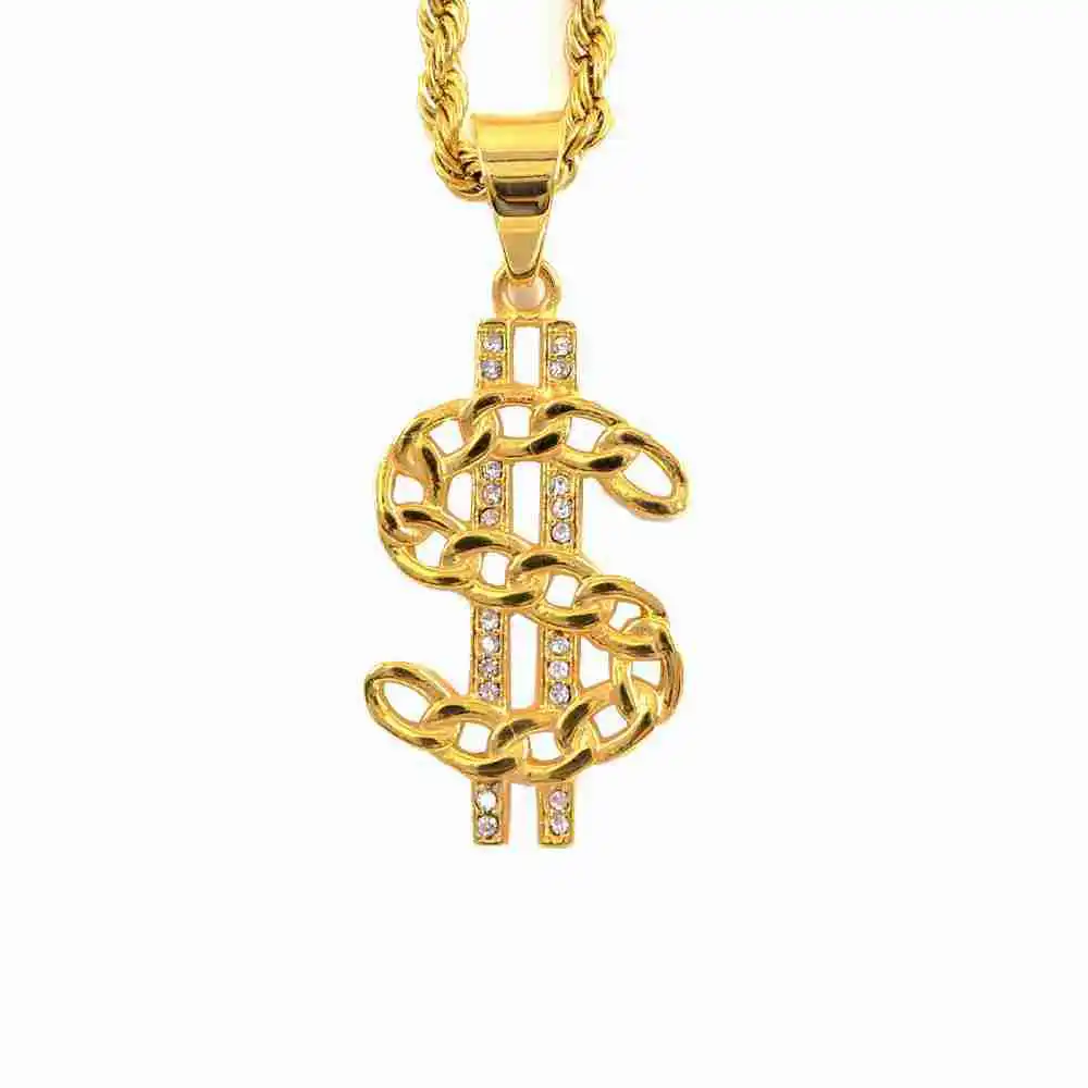 18K Gold Plated United States Dollar Money Sign Pendent Necklace with Rope Chains