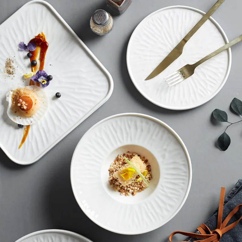 Wholesale Japanese Ceramic Plate Salad New Soup Bowl  White Frosted Dishes Matte Plate Luxury Dinnerware for Hotel Restaurant