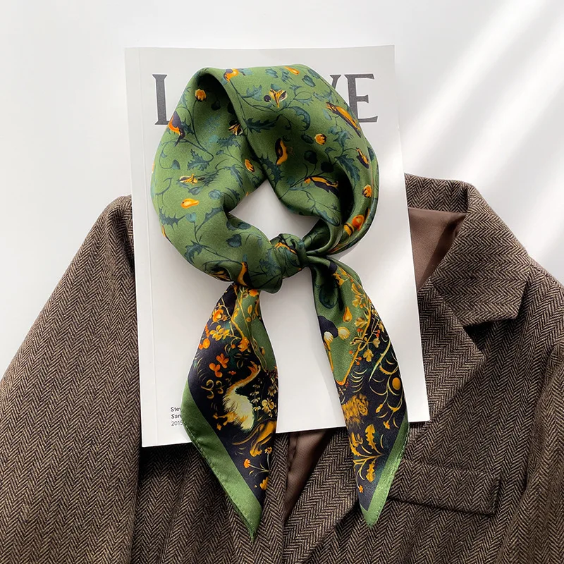 New Fashion Ladies Floral Print 100% Pure Silk Square Scarf 70*70cm Women Dark Green Flower Small Square Silk Neck Tie Scarf