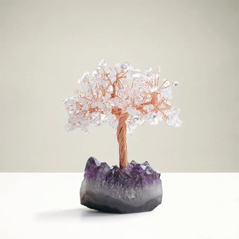 Natural Raw Stone Gravel Rose Quartz Gemstone Tree Of Life Healing Money Crystal Tree Room Decoration For Fengshui Gift