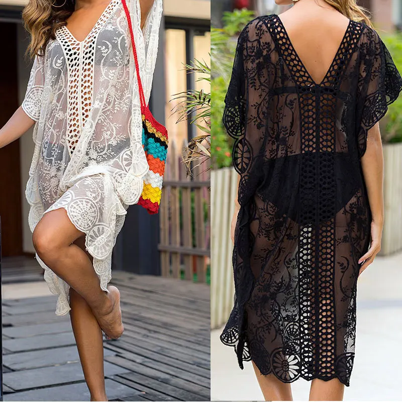 Pareo for The Beach Tunic Cover Ups Dress Sexy Robe Beachwear Female May Dress for 2022 Summer Hot V Neck Loose Dresses