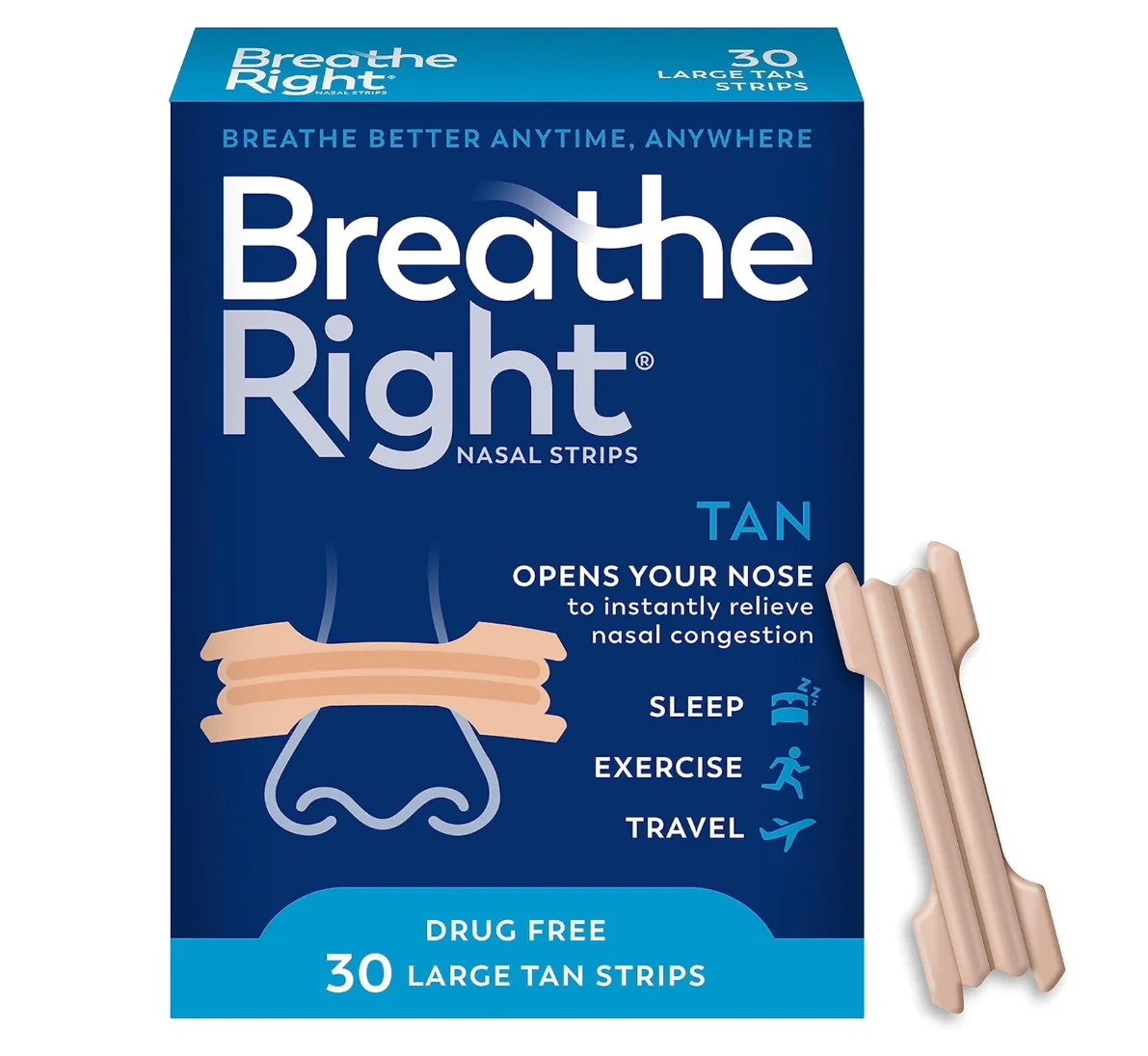 Breathe Right Original Nose Strips to Reduce Snoring and Relieve Nose Congestion, Tan, 30 Count