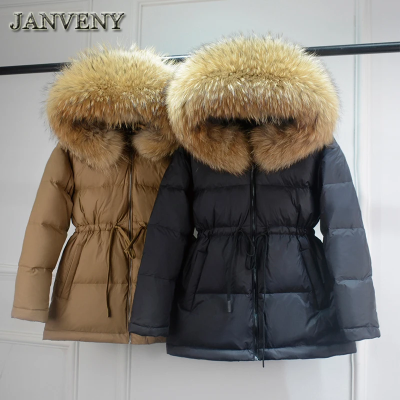JANVENY Real Raccoon Fur Women Winter Puffer Jacket Thicken Fluffy Warm Parka Women Waist Retractable Duck Down Waterproof Coat