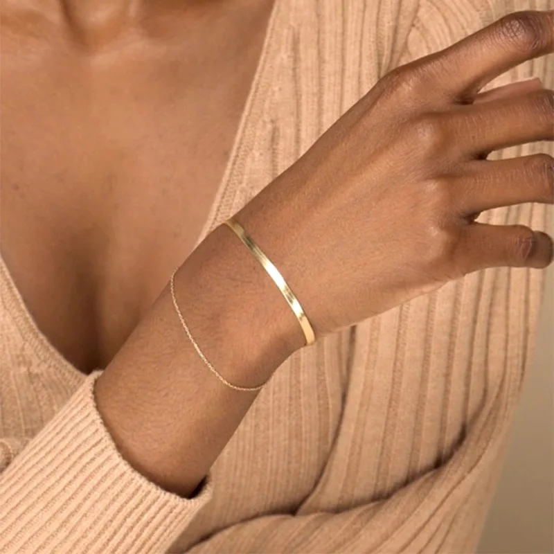 INS 18K Real Gold Plated Snake Bracelet Solid Flexible Flat Herringbone Link Chain Bracelet For Women Accessories