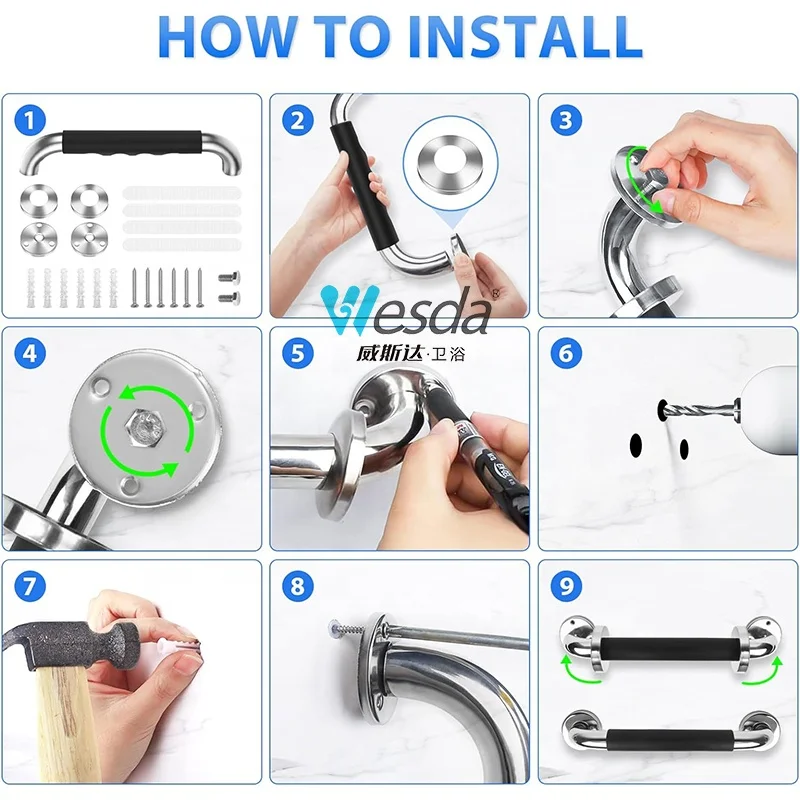 Wesda Bathrooms Safety Bath Toilet Rail Handicapped Anti Slip Handicap Stainless Steel Grab Bars for Bathtubs and Showers