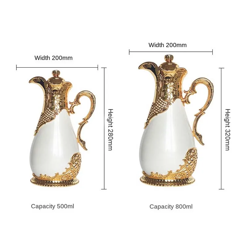 0.5L/0.8L Stainless Steel Dallah with Decorative Gold Plating Vacuum Insulated Thermos Flask Arabic Coffee Pot Home Party Use