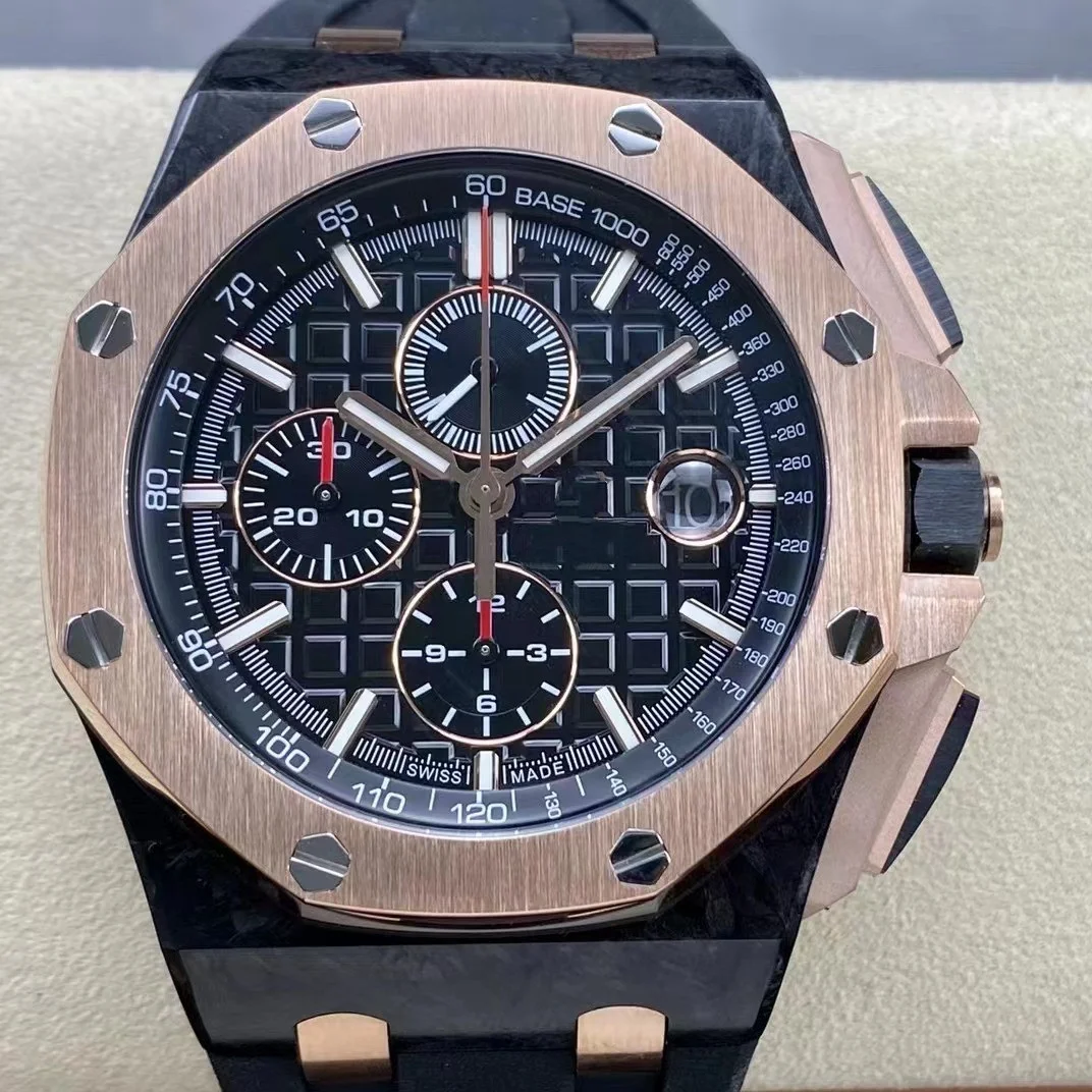 New Mechanical Watch APF Factory 44mm 3126 Multifunction Chronograph Movement 26400 Rose Gold Carbon Fiber Brand Watch