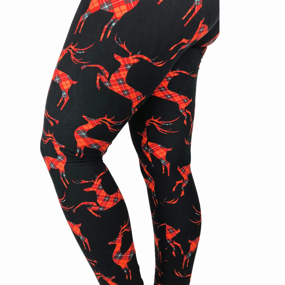 High Waist Christmas Red Reindeers Prints 92 Polyester 8 Spandex Milk Silk Buttery Soft Brushed Fashion Women Leggings