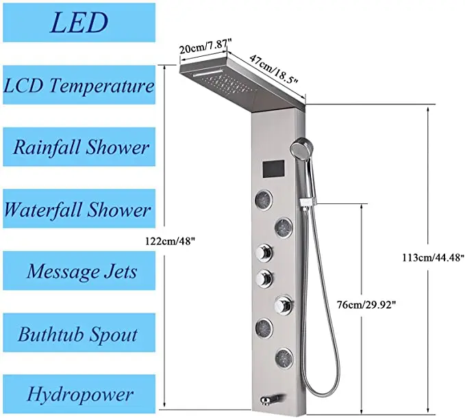 Bathroom LED Shower Panel Tower Shower Mixer Taps Hydraulic Body Massage Jets Wall Mounted 5 Functions Waterfall Rainfall Shower