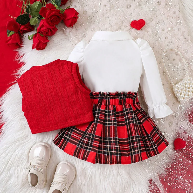 Baby Christmas costume fashion baby girls long sleeve shirt plaid skirt knit waistcoat 3Pcs clothing