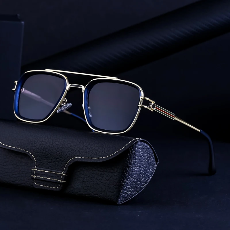 Designer Famous Brand Vintage Retro Steampunk Metal Double Bridge Square UV400 Sun Glasses Shades Sunglasses for Men