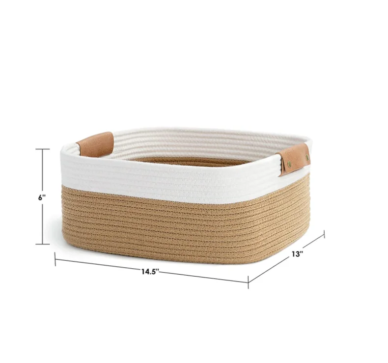 Rectangle Cotton Rope Woven Basket with Handles for Books Magazines Toys - Decorative Rectangle Basket for Baby Nursery