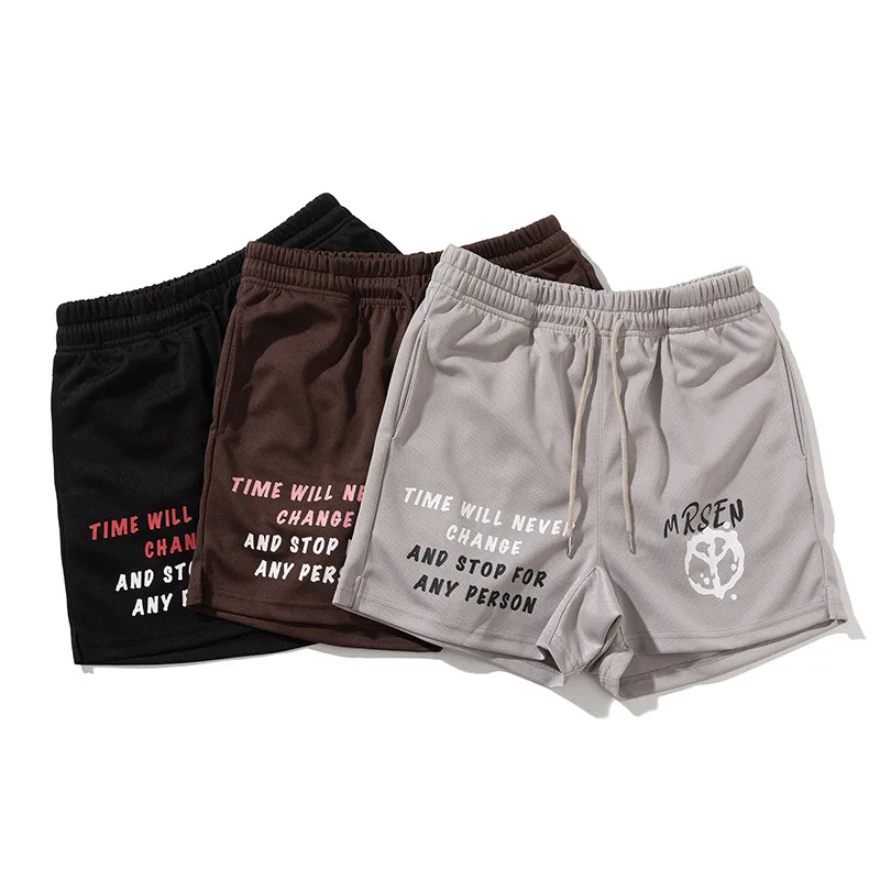 Qianzun manufacturer wholesale fashion sport running printed logo custom 5 inch inseam mesh shorts men