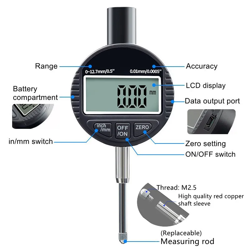 High Precision Long Range 0-12.7mm  Industrial Electronic Digital Dial Indicator