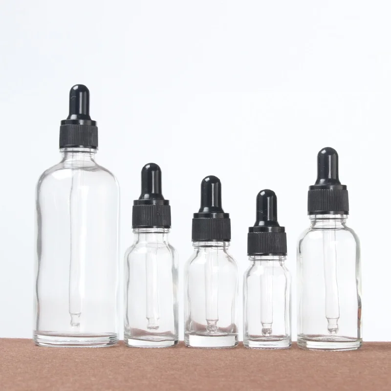 Clear Cosmetic Glass Bottle Empty Round Essential Oil Bottle with Dropper Cap