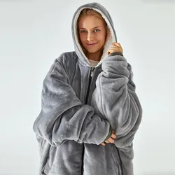 2022 Winter New Design Fashionable Oversize Comfy zipper soft Family Fleece Flannel Wearable Lazy Blanket Hoodie