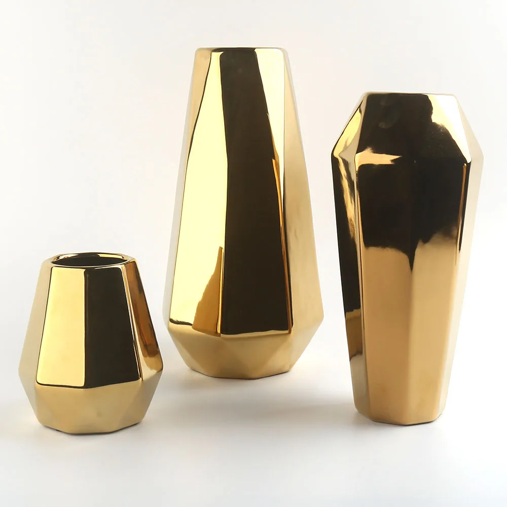 14cm Diamond Geometry Shape Gold Wedding Party Ceramic Porcelain Flower Decor Ornament Vases