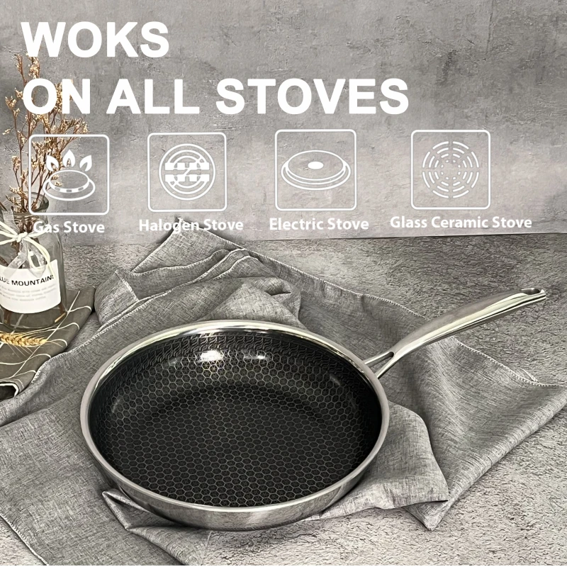 11 Inch Eco-friendly PFAS-Free Non-Stick 304 Stainless Steel Frying Pan Healthy Hybrid Kitchen Pans Household Use Wok Cooking