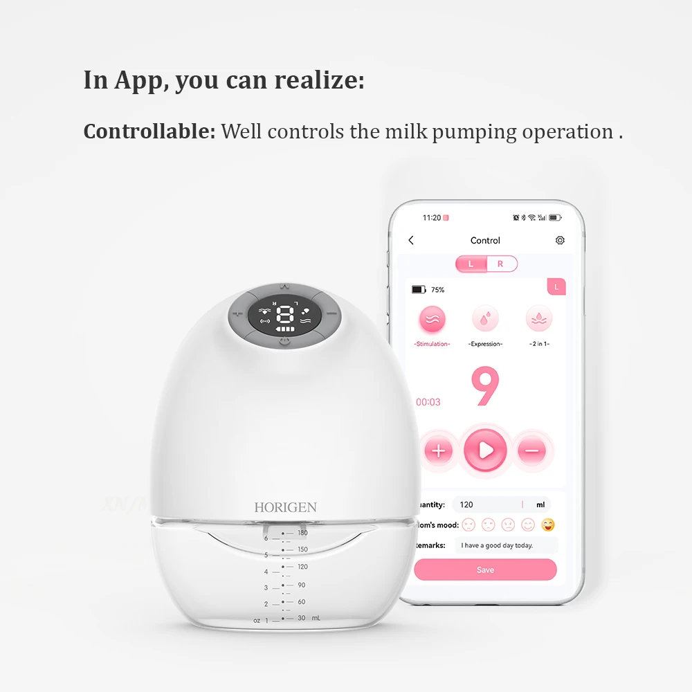 HORIGEN phone App control portable electric wearable breast pump double side hands free milk pumps for breast feeding