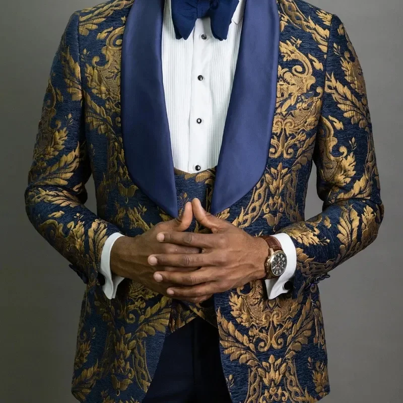 2022 New Costume Navy Blue Floral Jacquard Prom Men Suits for Wedding Slim Fit Groom Tuxedos Male Blazer 3 PCs Jacket Pants Vest
