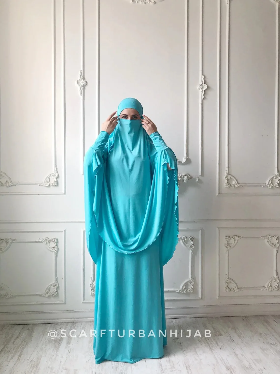 Islamic Ramadan Muslim Turquoise Jersey Long Hijab With Skirt Two Piece Sets Telekung Prayer