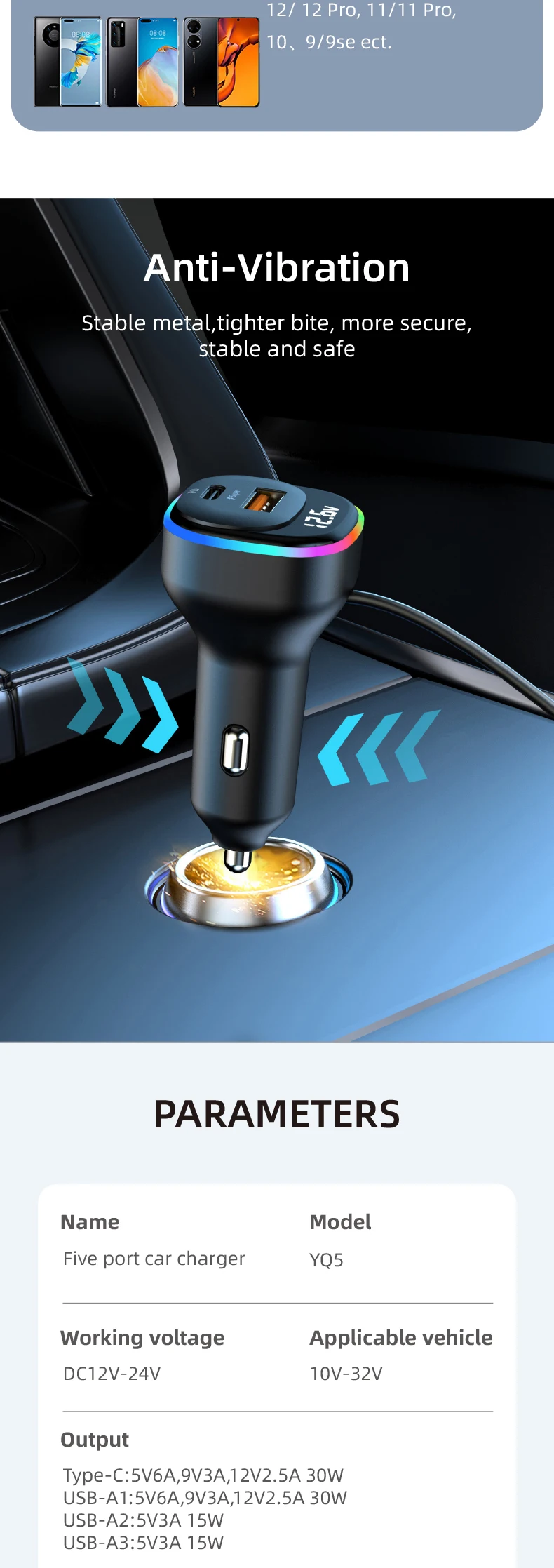 5-Ports USB Quick Car Charger 3.0 Back row Type-C laptop Mobile Phone Charger for iPhone Samsung Huawei PD Car Fast Charging