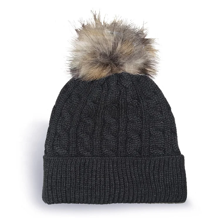 Custom Logo Cable Knit Tuque Beanie with Faux Fur Pom Pom