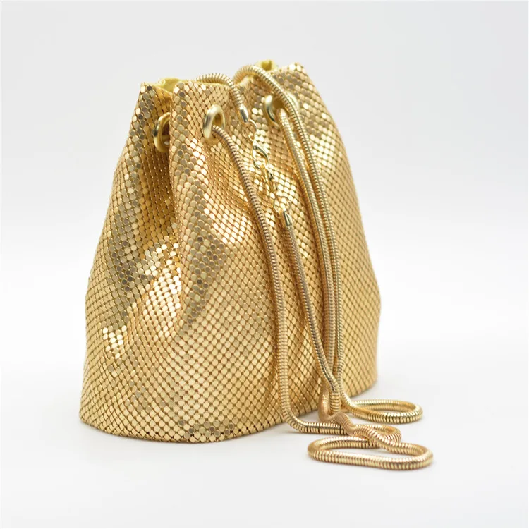 China supplier gold  color evening bag women metal mesh bucket handbag shoulder bag ladies cross body bag