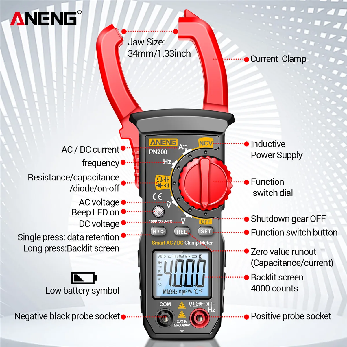 ANENG PN200 Цифровые токоизмерительные клещи DC/AC 600A ток 4000 отсчетов мультиметр переменного тока Амперметр тестер напряжения автомобиля Гц постоянной ёмкости универсальный конденсатор