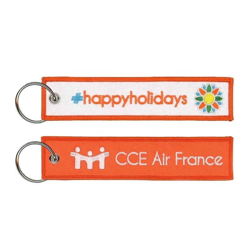 Custom Embroidered Keychain Keyring Airplane Air Safty Tag Custom Brand Name Fabric Machine Logo Embroidered Key Chain OEM ODM