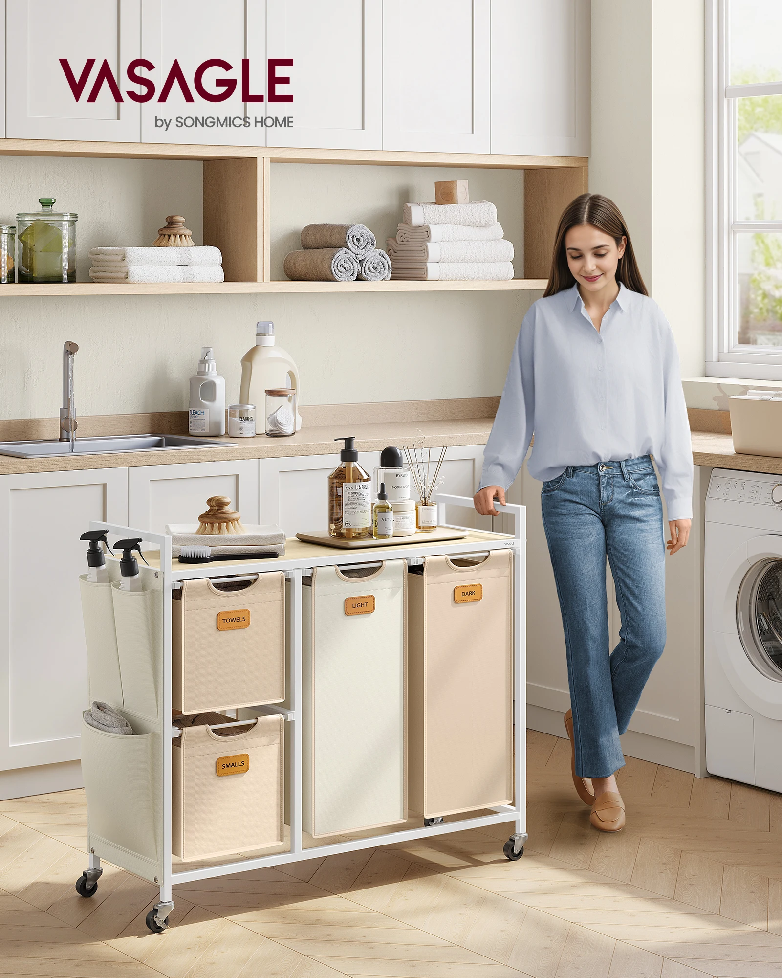 VASAGLE 4 Compartments Laundry Hamper for Bathroom Bedroom Wardrobe 4-Section Laundry Sorter Cart Laundry Basket with Wheels