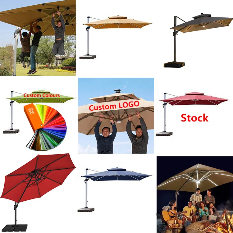 Wholesale Hot Sale 3x3m 3*4m Heavy Duty Waterproof Cantilever Aluminum Sun Umbrella Outdoor Garden Parasols With LED Light