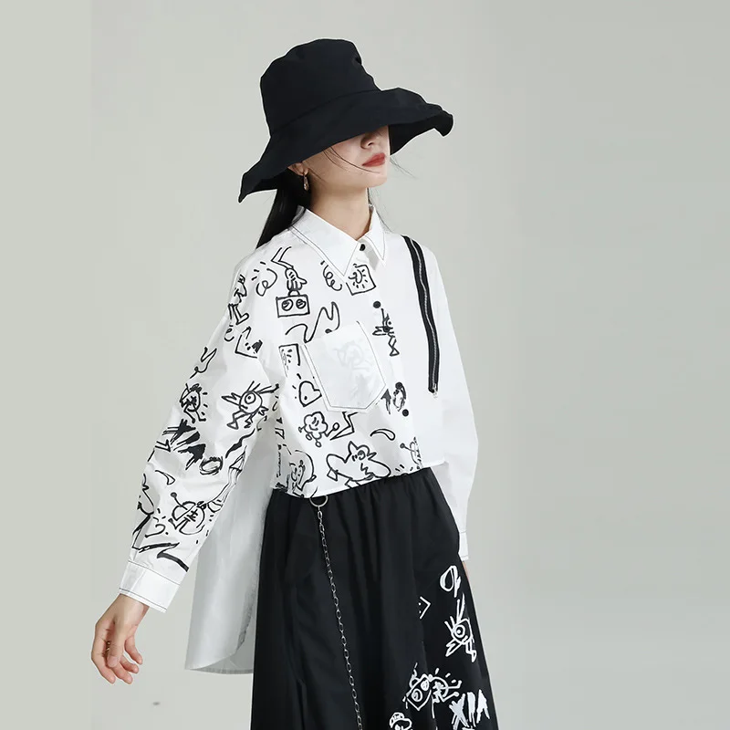 Dark Wind Graffiti Printed Shirt Plus Size  Women Irregular Medium Length Top Women Blouse&shirt