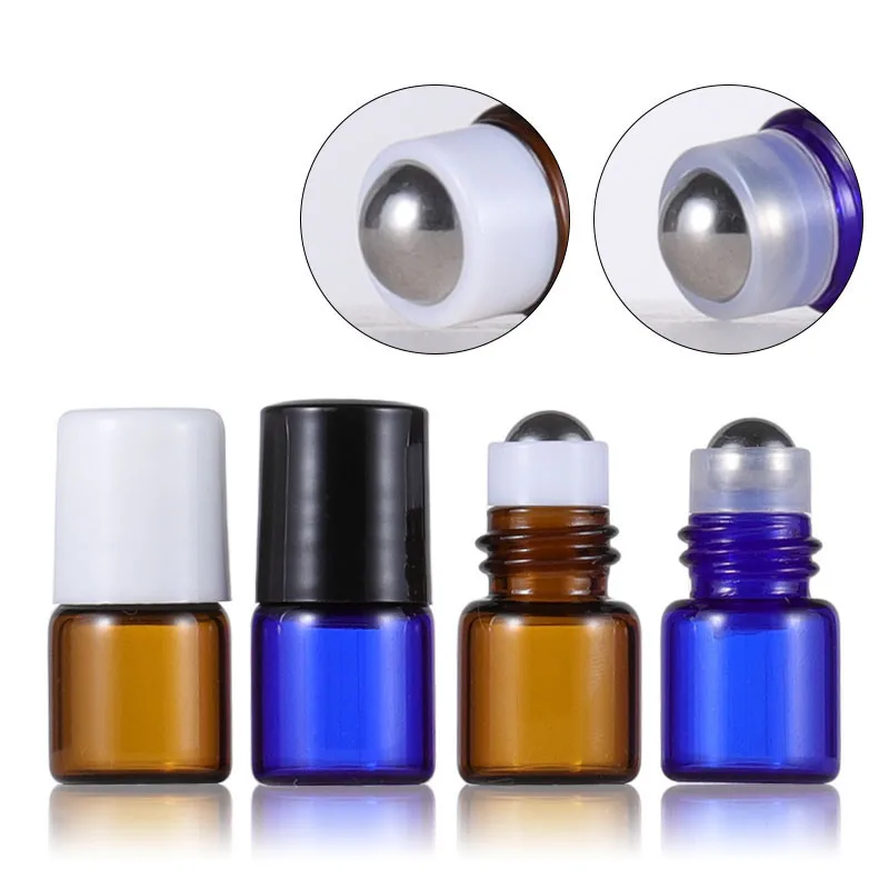 1ml 2ml 3ml 5ml 10ml amber blue glass roller bottle for eye cream with steel roller and lid